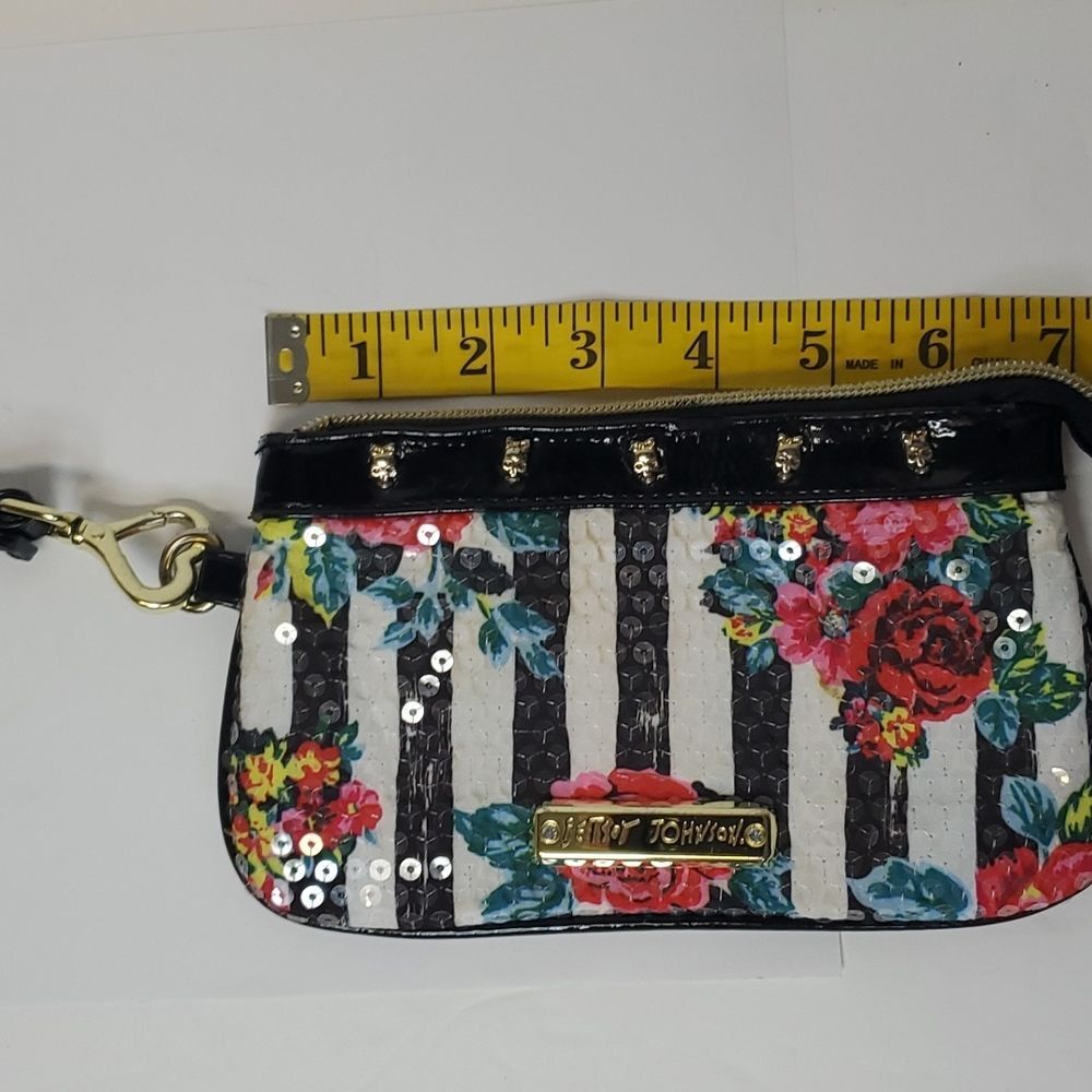 Betsey Johnson Sequined Flowers and Stripes Wristlet Gold Toned Accents - Picture 5 of 11
